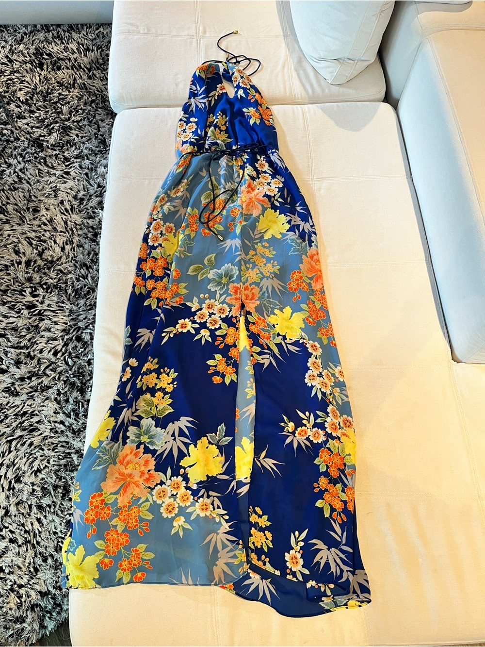 Guess by Marciano Blue Floral Maxi Dress with Yellow & Orange Accents
